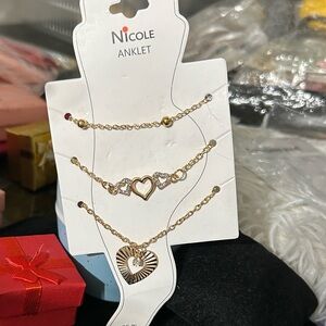 Nicole Gold and Silver Heart Charm Anklet Trio